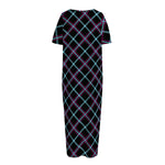 Black Blue And Pink Tartan Pattern Print Short Sleeve Long Nightdress