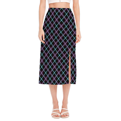 Black Blue And Pink Tartan Pattern Print Side Slit Midi Skirt