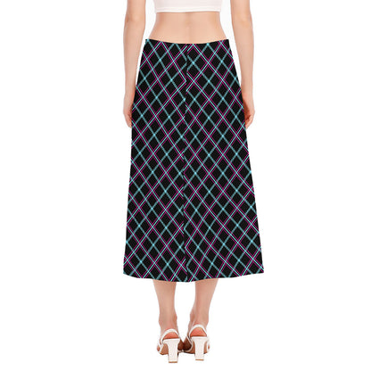 Black Blue And Pink Tartan Pattern Print Side Slit Midi Skirt