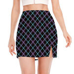 Black Blue And Pink Tartan Pattern Print Side Slit Mini Skirt