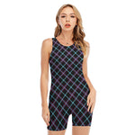 Black Blue And Pink Tartan Pattern Print Sleeveless One Piece Swimsuit