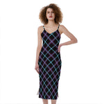 Black Blue And Pink Tartan Pattern Print Slim Fit Midi Cami Dress