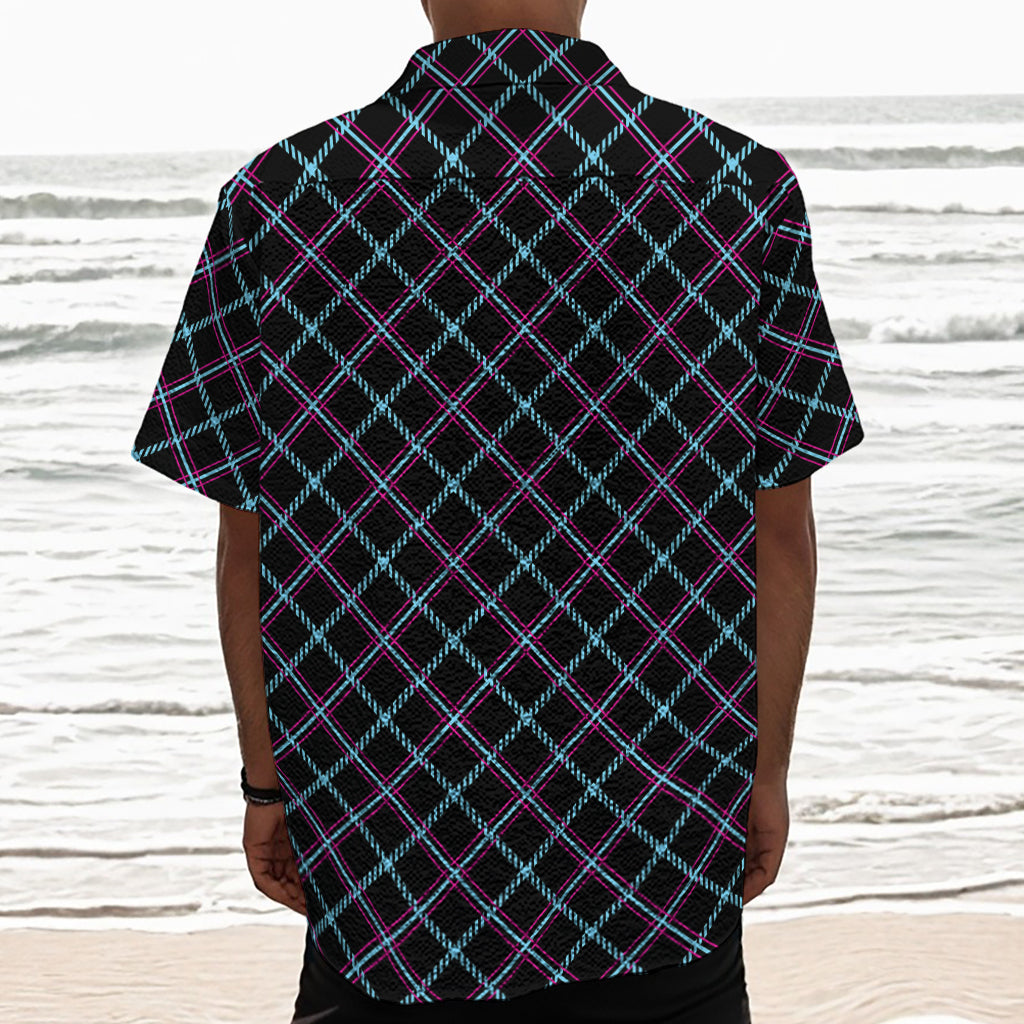 Black Blue And Pink Tartan Pattern Print Textured Short Sleeve Shirt