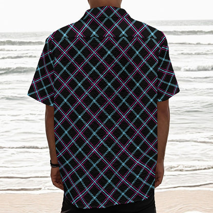 Black Blue And Pink Tartan Pattern Print Textured Short Sleeve Shirt