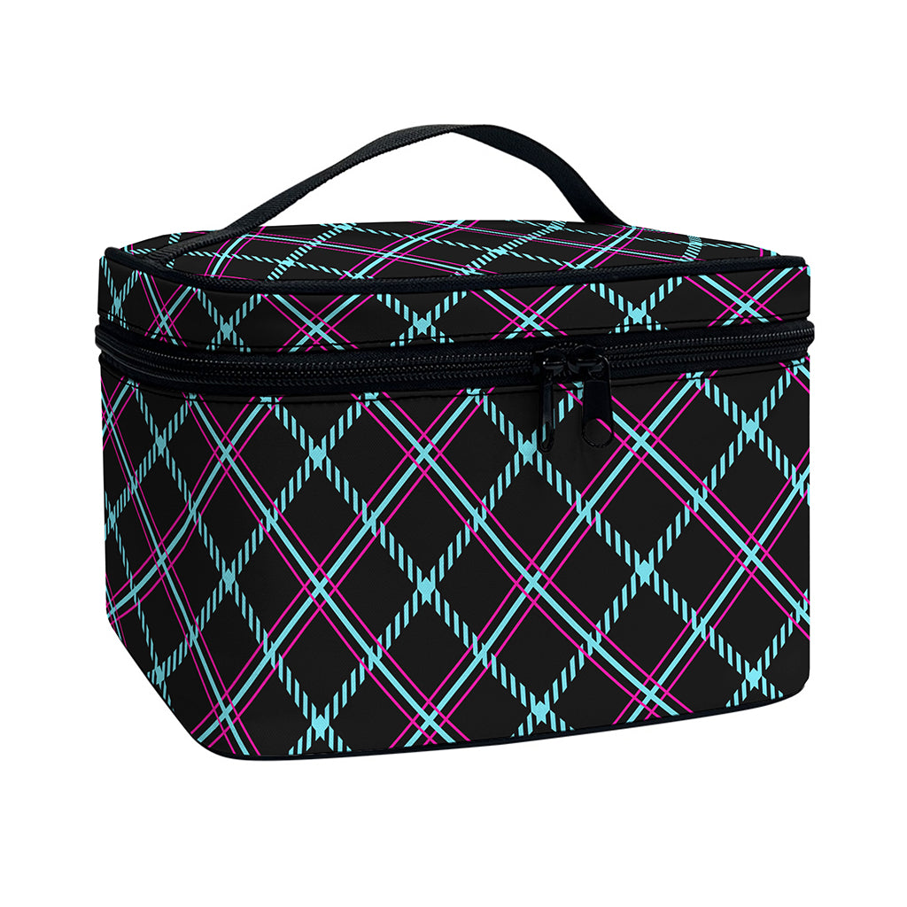 Black Blue And Pink Tartan Pattern Print Travel Makeup Bag