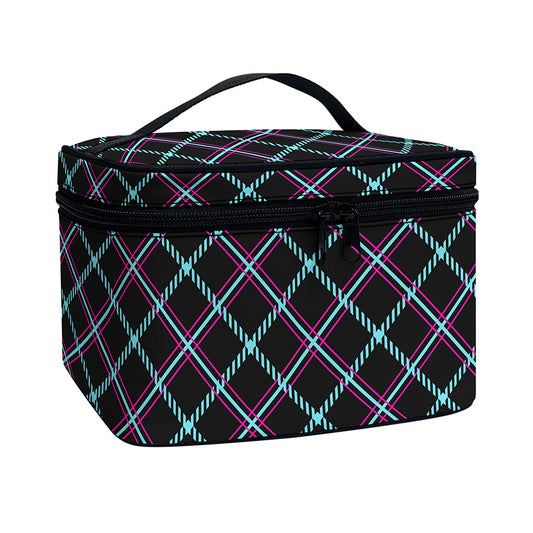 Black Blue And Pink Tartan Pattern Print Travel Makeup Bag