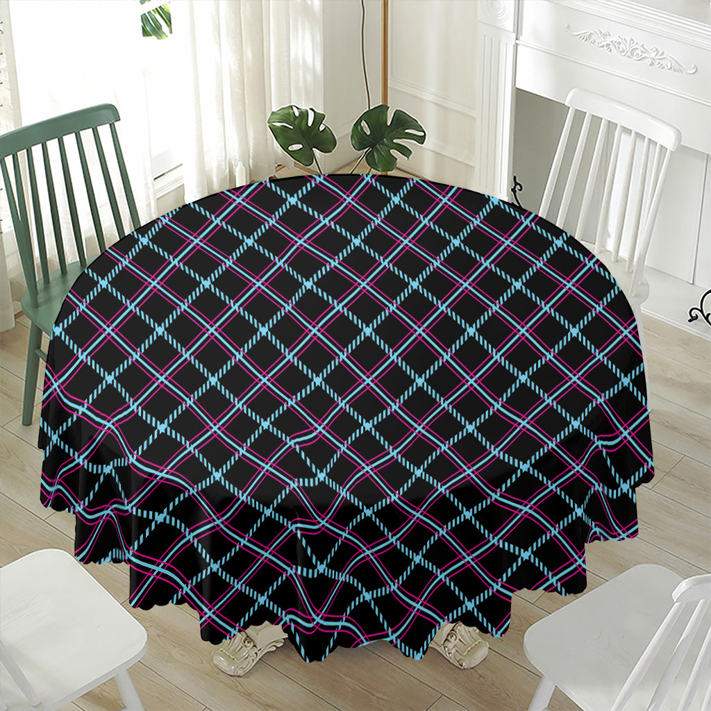 Black Blue And Pink Tartan Pattern Print Waterproof Round Tablecloth