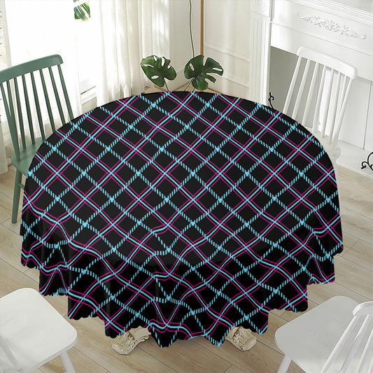 Black Blue And Pink Tartan Pattern Print Waterproof Round Tablecloth
