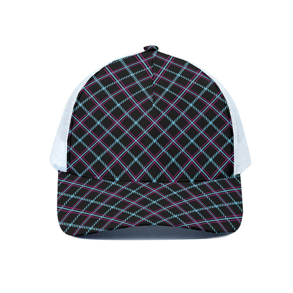 Black Blue And Pink Tartan Pattern Print White Mesh Trucker Cap