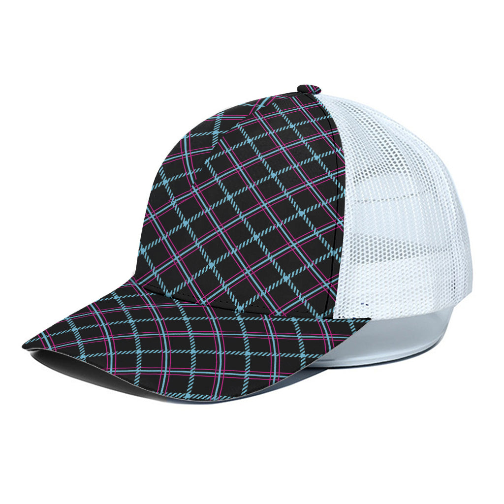 Black Blue And Pink Tartan Pattern Print White Mesh Trucker Cap