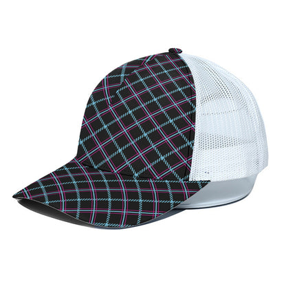 Black Blue And Pink Tartan Pattern Print White Mesh Trucker Cap