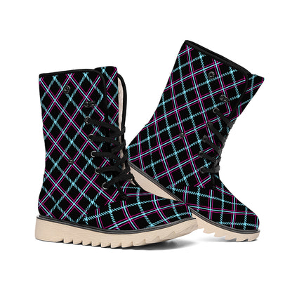 Black Blue And Pink Tartan Pattern Print Winter Boots