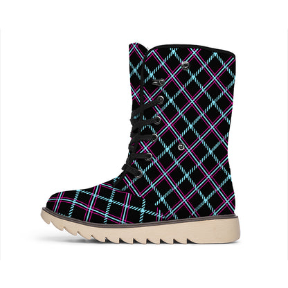 Black Blue And Pink Tartan Pattern Print Winter Boots
