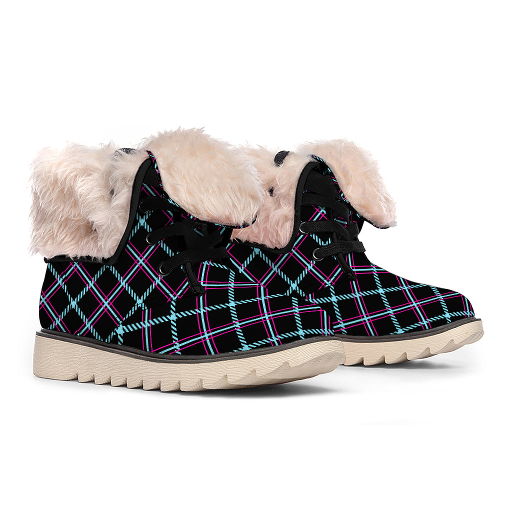 Black Blue And Pink Tartan Pattern Print Winter Boots