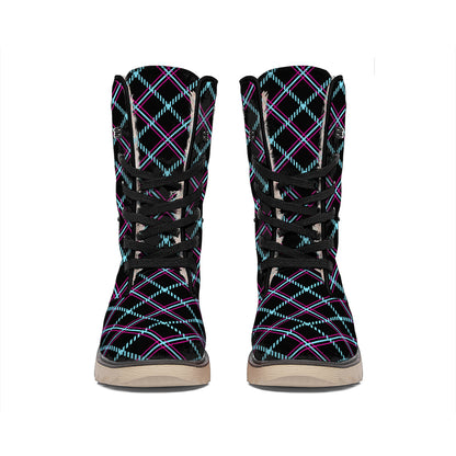 Black Blue And Pink Tartan Pattern Print Winter Boots