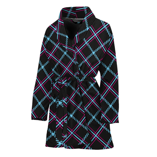 Black Blue And Pink Tartan Pattern Print Women's Bathrobe