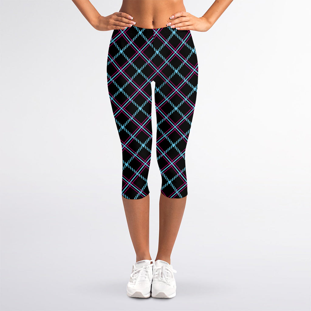 Black Blue And Pink Tartan Pattern Print Women's Capri Leggings