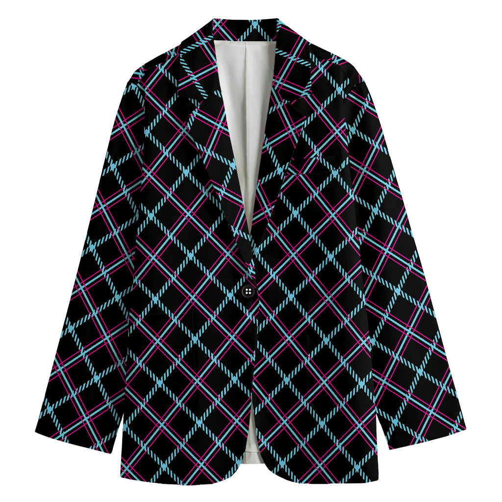 Black Blue And Pink Tartan Pattern Print Women's Cotton Blazer