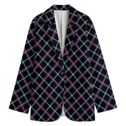 Black Blue And Pink Tartan Pattern Print Women's Cotton Blazer