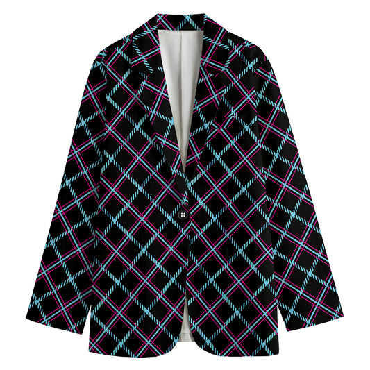 Black Blue And Pink Tartan Pattern Print Women's Cotton Blazer