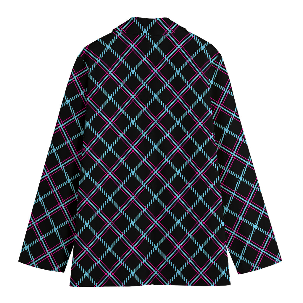 Black Blue And Pink Tartan Pattern Print Women's Cotton Blazer