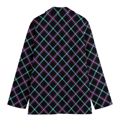 Black Blue And Pink Tartan Pattern Print Women's Cotton Blazer