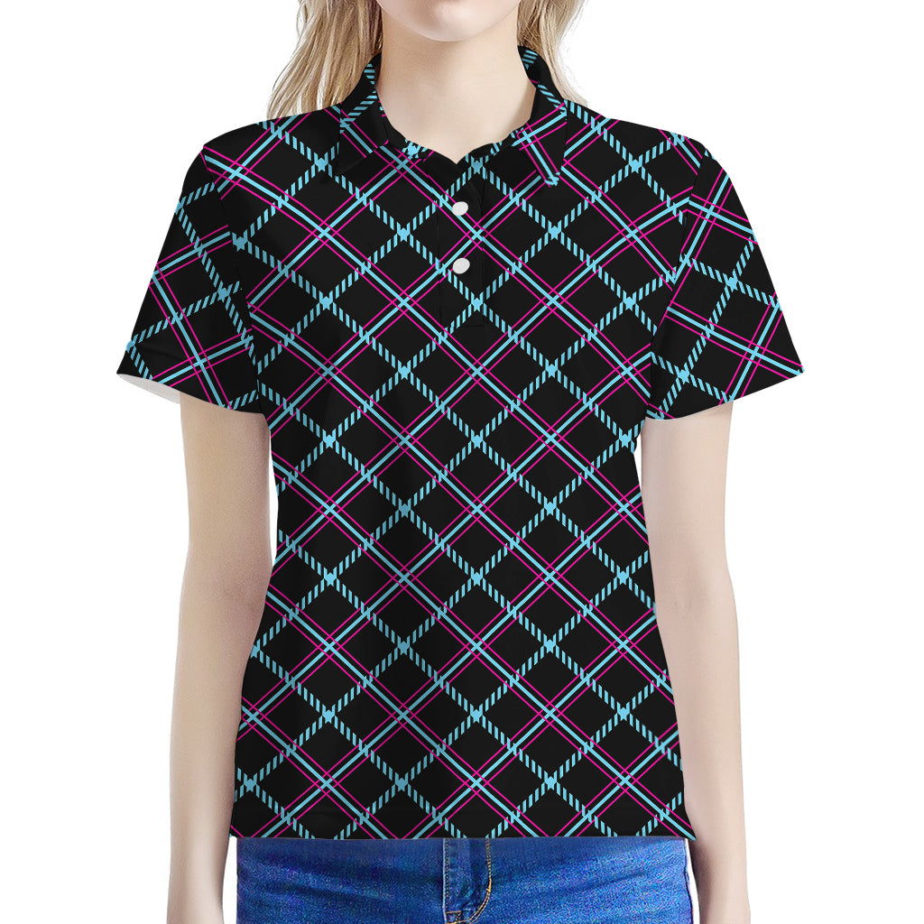 Black Blue And Pink Tartan Pattern Print Women's Polo Shirt