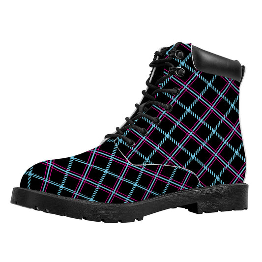 Black Blue And Pink Tartan Pattern Print Work Boots