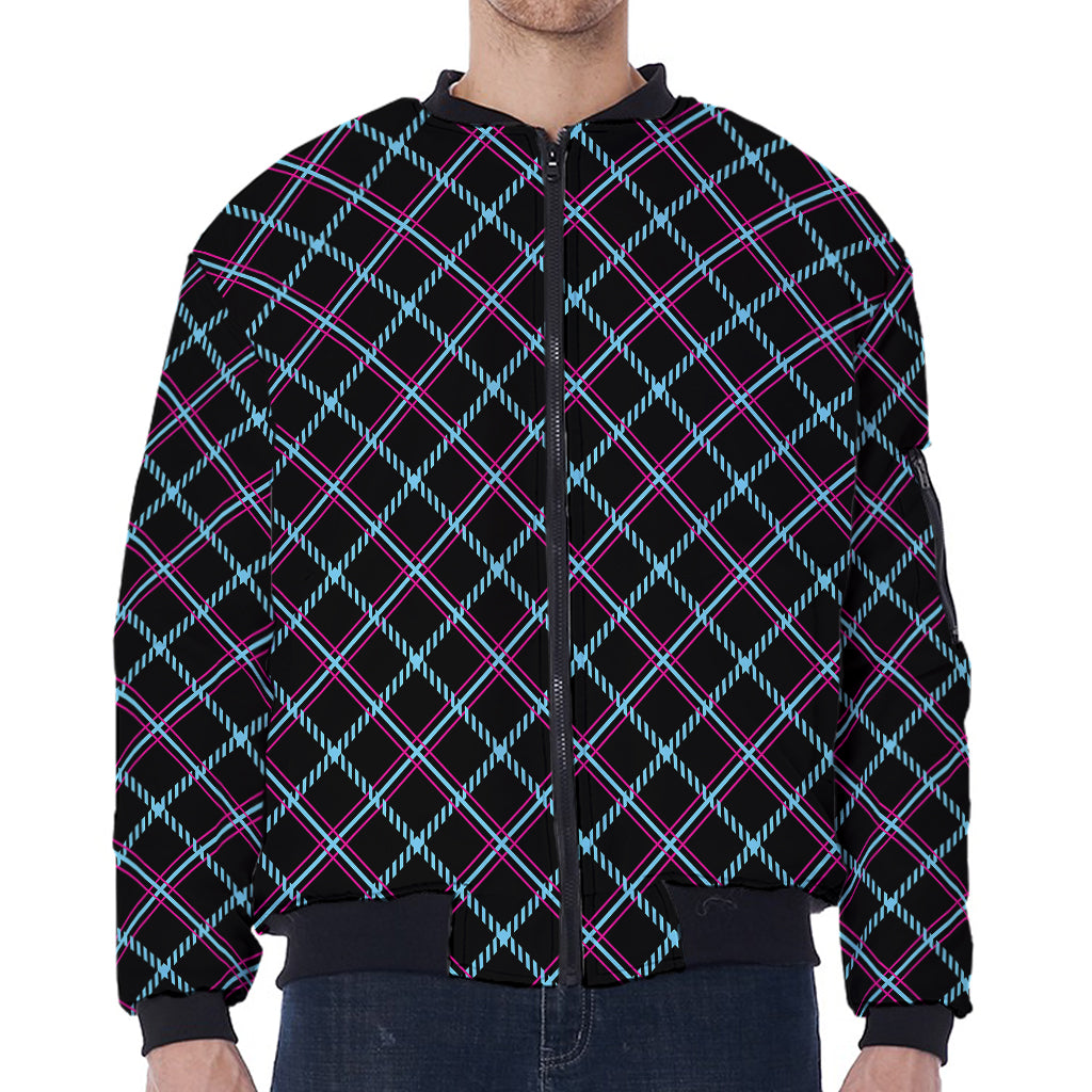 Black Blue And Pink Tartan Pattern Print Zip Sleeve Bomber Jacket