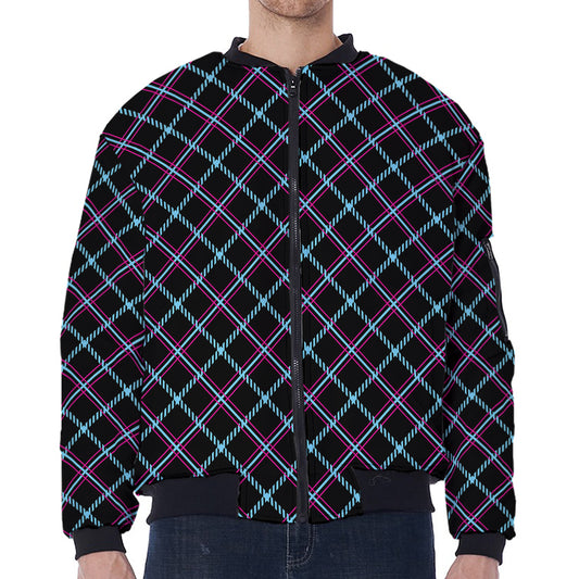 Black Blue And Pink Tartan Pattern Print Zip Sleeve Bomber Jacket