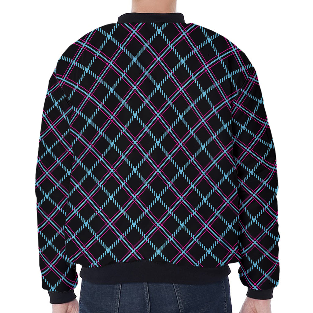 Black Blue And Pink Tartan Pattern Print Zip Sleeve Bomber Jacket