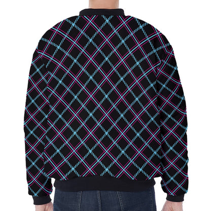 Black Blue And Pink Tartan Pattern Print Zip Sleeve Bomber Jacket