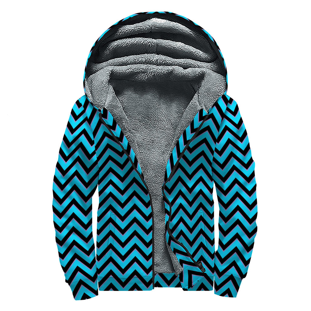 Black Blue And Purple Chevron Print Sherpa Lined Zip Up Hoodie