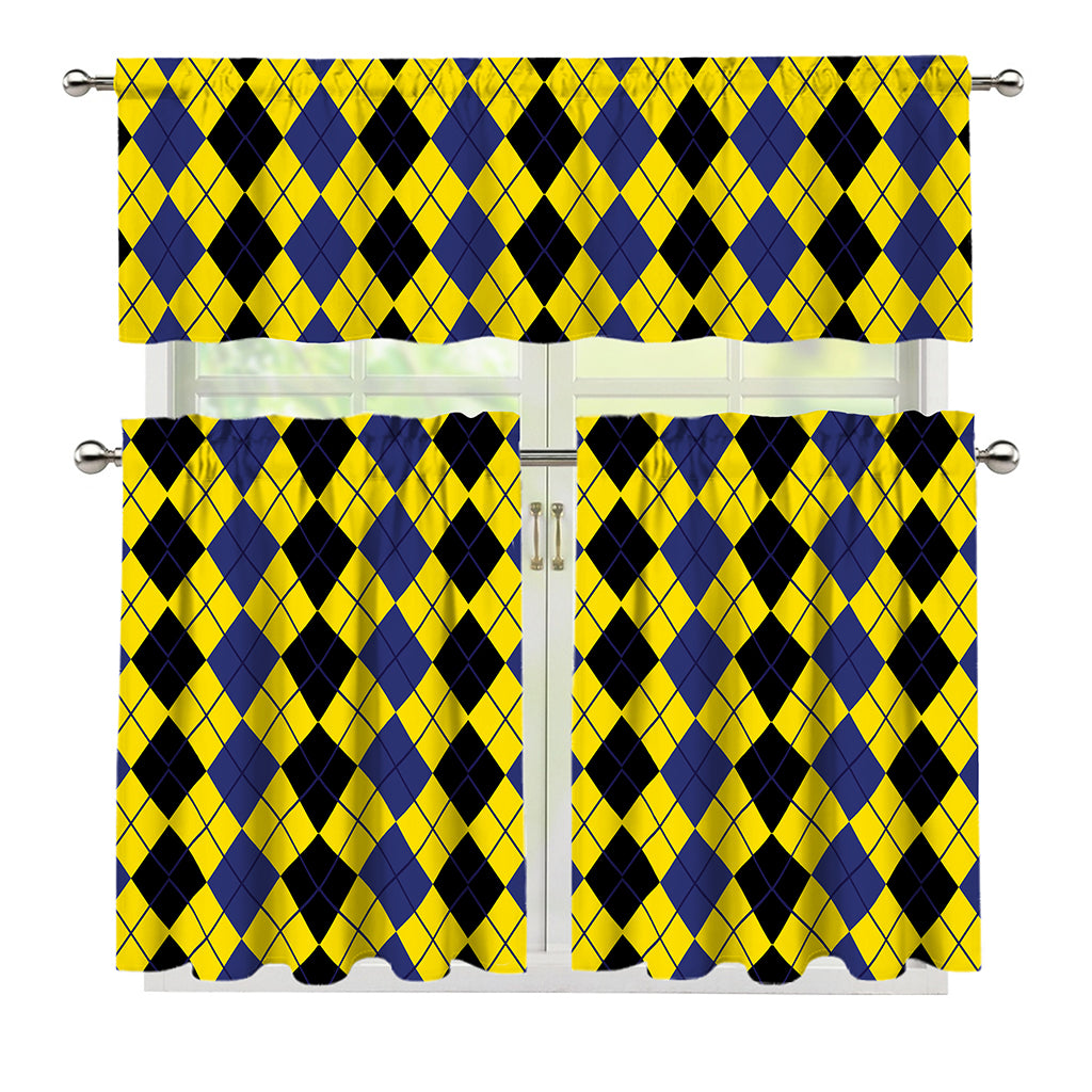Black Blue And Yellow Argyle Print 3 Piece Kitchen Curtains