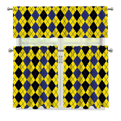 Black Blue And Yellow Argyle Print 3 Piece Kitchen Curtains