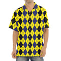 Black Blue And Yellow Argyle Print Aloha Shirt