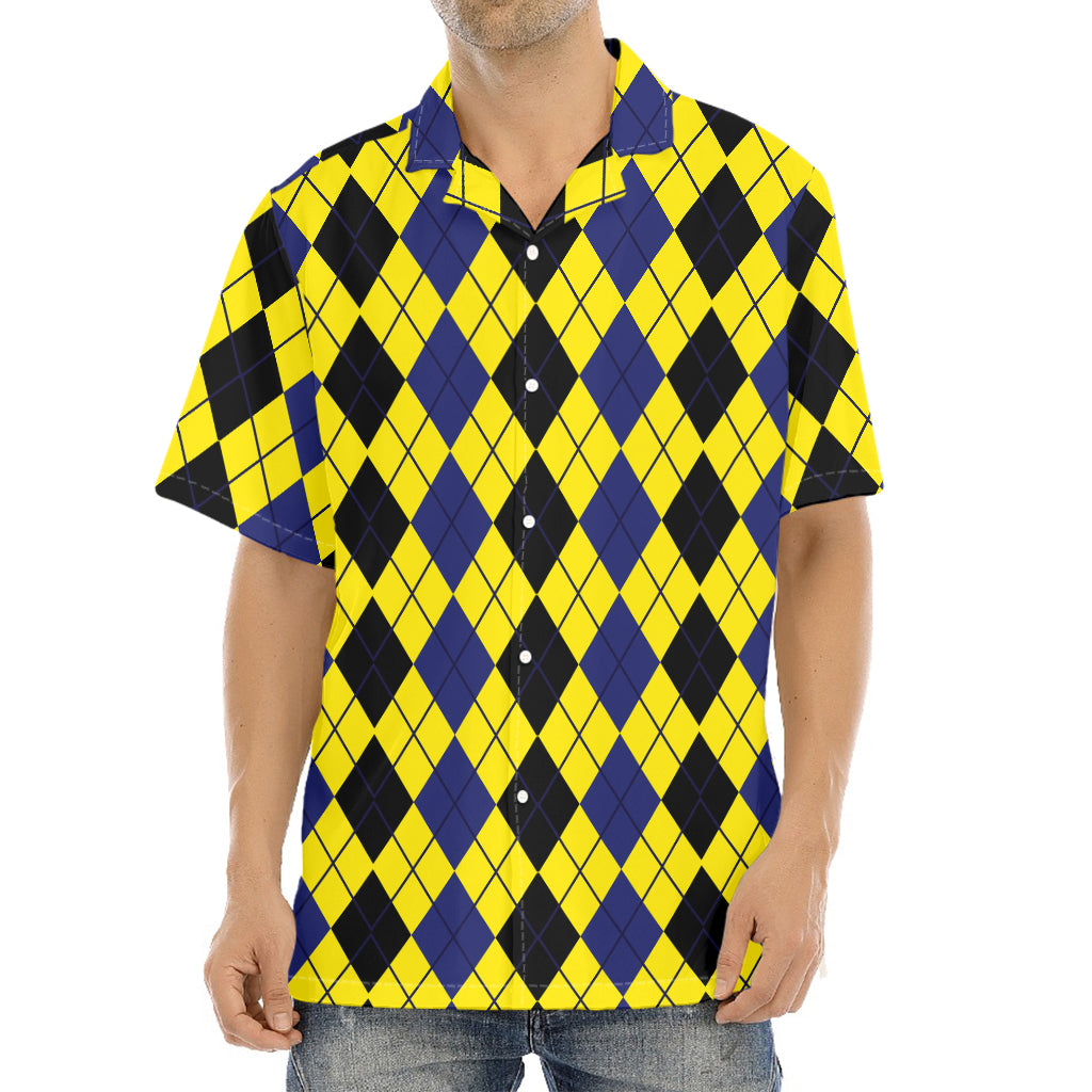 Black Blue And Yellow Argyle Print Aloha Shirt