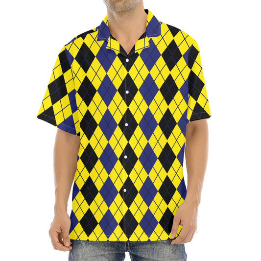Black Blue And Yellow Argyle Print Aloha Shirt