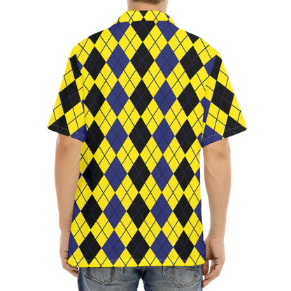 Black Blue And Yellow Argyle Print Aloha Shirt