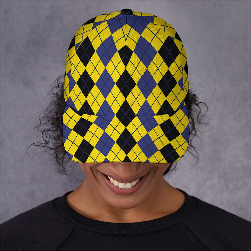 Black Blue And Yellow Argyle Print Baseball Cap