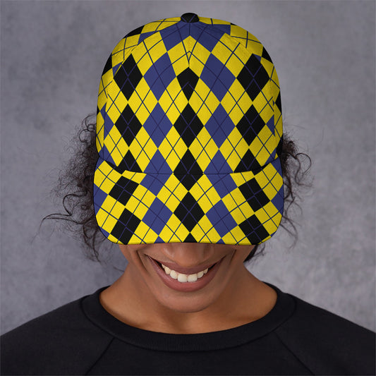 Black Blue And Yellow Argyle Print Baseball Cap