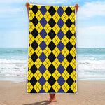 Black Blue And Yellow Argyle Print Beach Towel