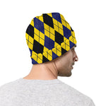 Black Blue And Yellow Argyle Print Beanie