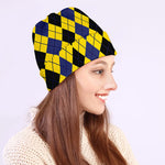 Black Blue And Yellow Argyle Print Beanie