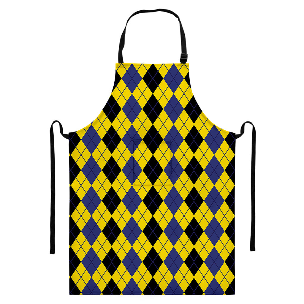 Black Blue And Yellow Argyle Print Bib Apron With Pocket
