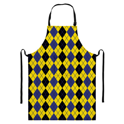 Black Blue And Yellow Argyle Print Bib Apron With Pocket