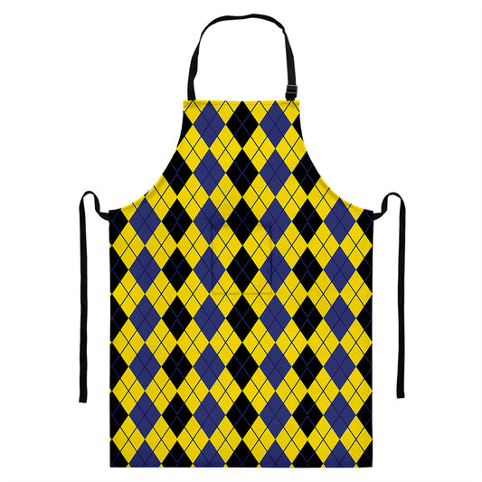 Black Blue And Yellow Argyle Print Bib Apron With Pocket