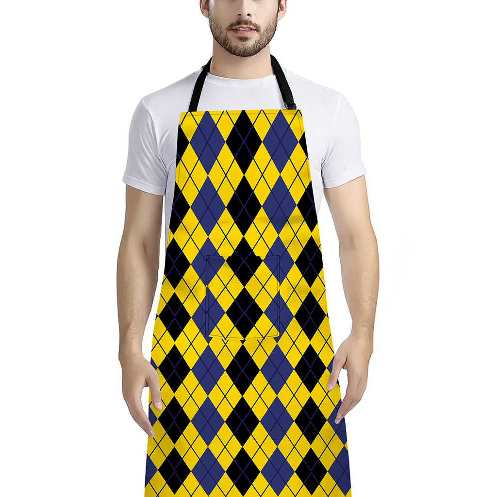 Black Blue And Yellow Argyle Print Bib Apron With Pocket