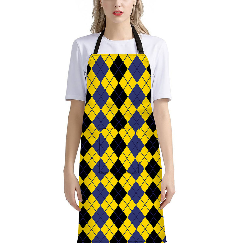 Black Blue And Yellow Argyle Print Bib Apron With Pocket