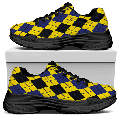 Black Blue And Yellow Argyle Print Black Chunky Shoes